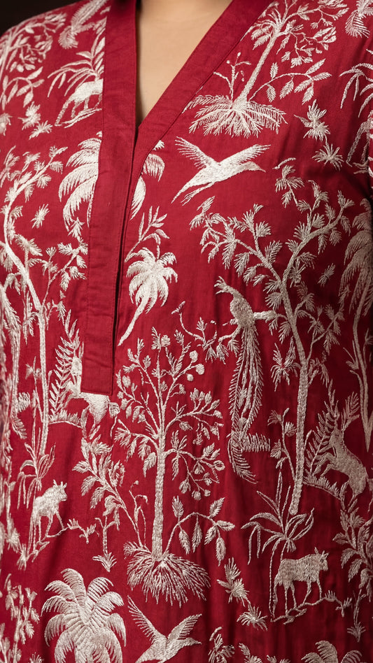 Red Botanical Toile Tunic Set