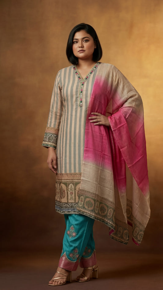 Peach and Blue Striped Embroidered Three-Piece Set