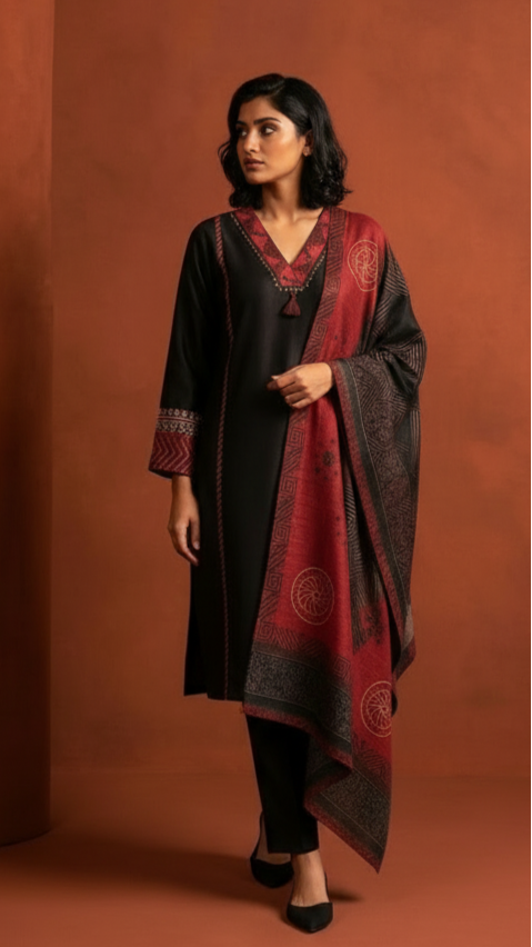 Black and Crimson Silk Three-Piece Set with Geometric Print Dupatta
