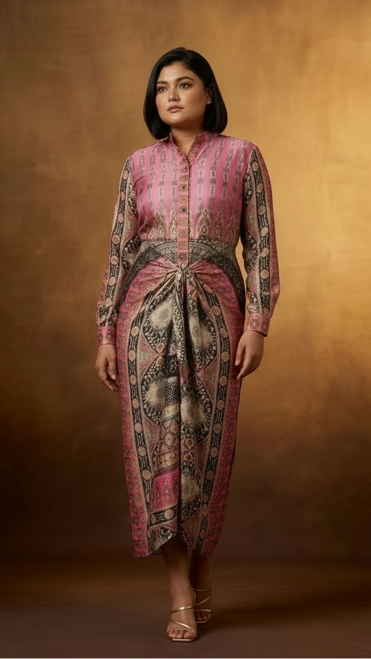 Digital Printed Satin Drape dress