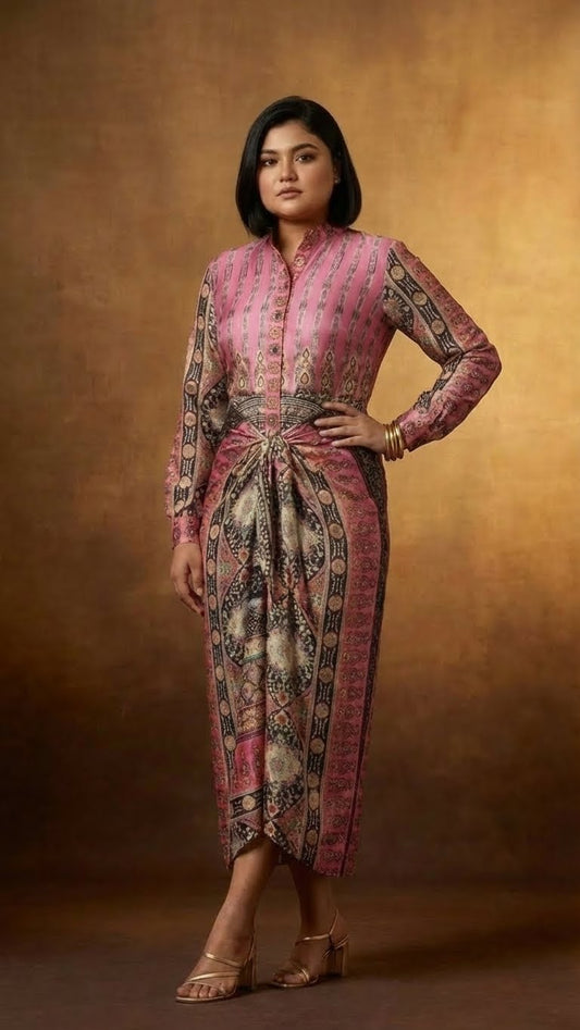 Digital Printed Satin Drape dress