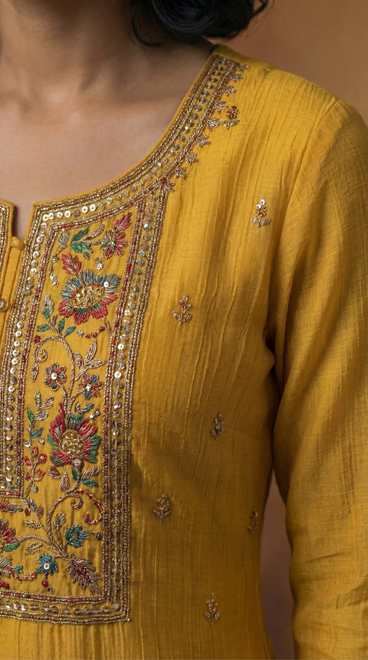 ZARMINA – Heavy Embroidered with Sequins Georgette Three Piece (Mustard Gold)