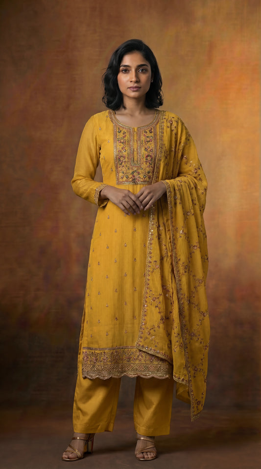 ZARMINA – Heavy Embroidered with Sequins Georgette Three Piece (Mustard Gold)