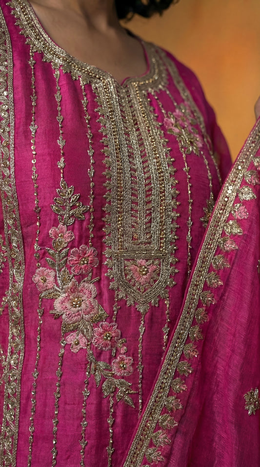 Premium Georgette Embroidered & Sequins Dress – (DL003-Magenta Rose) Unstitched & Stitched