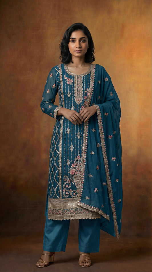 Premium Georgette Embroidered & Sequins Dress – (DL003-Teal Blue) Unstitched & Stitched