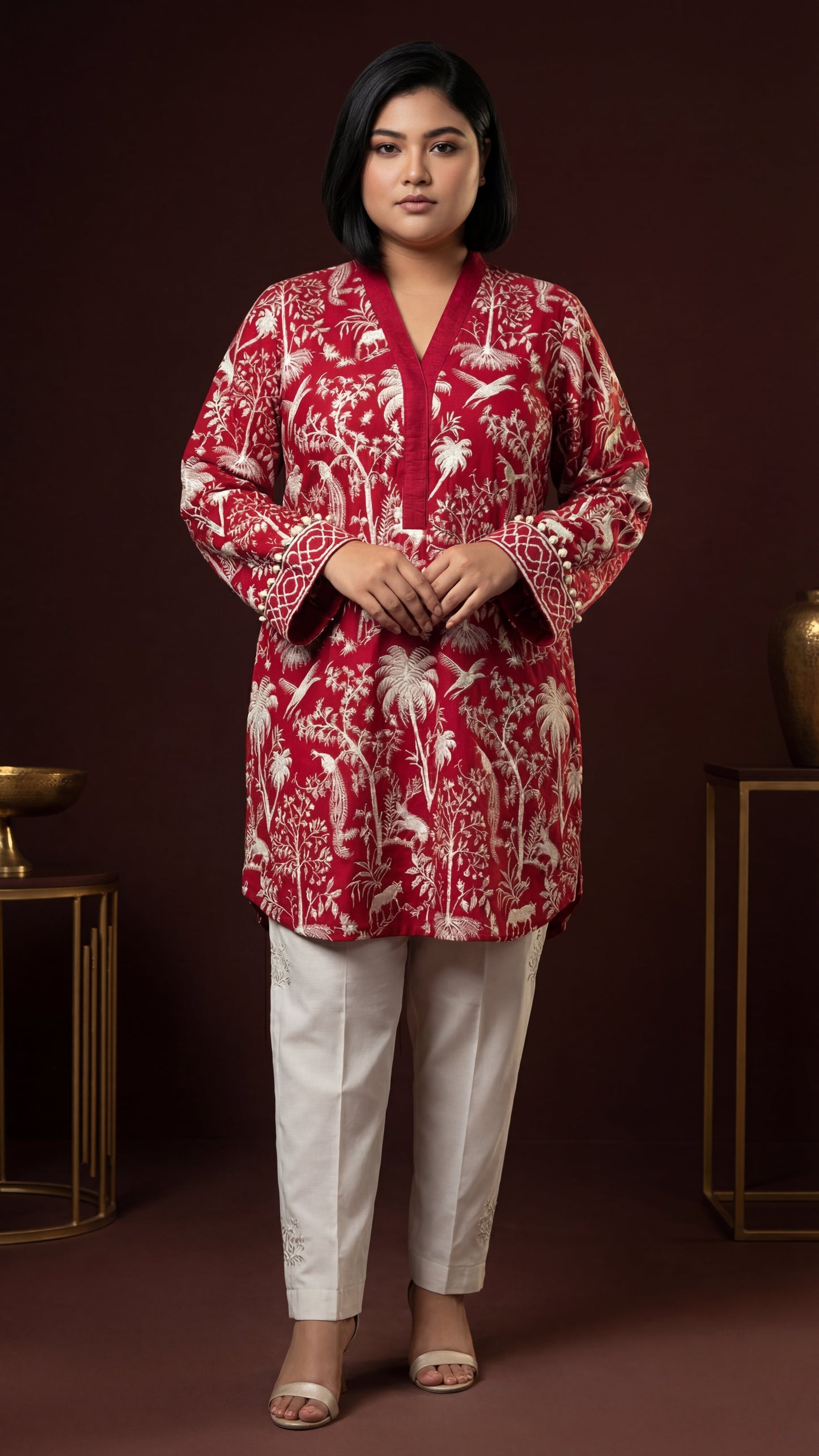 Red Botanical Toile Tunic Set