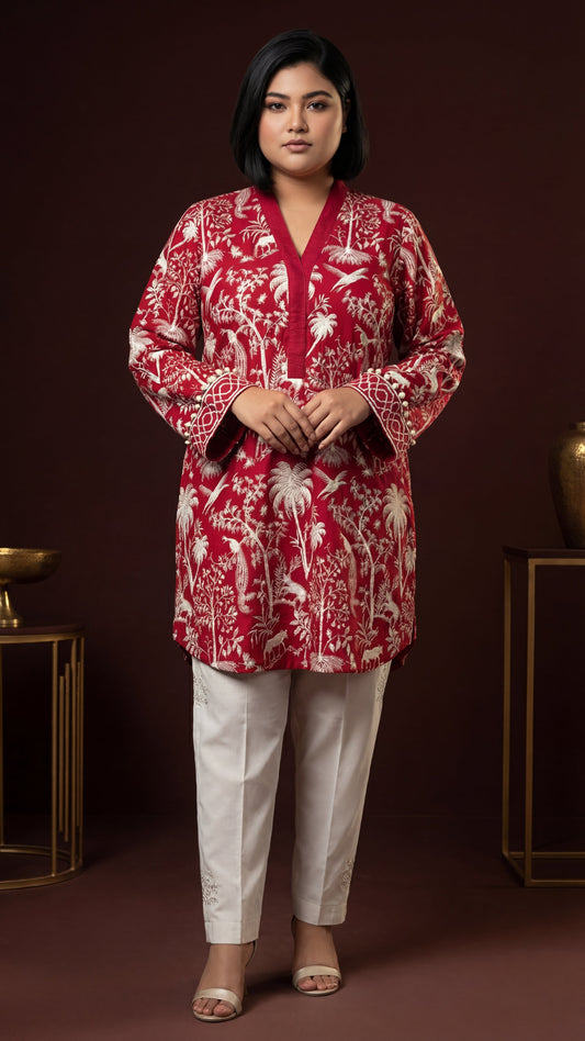 Red Botanical Toile Tunic Set
