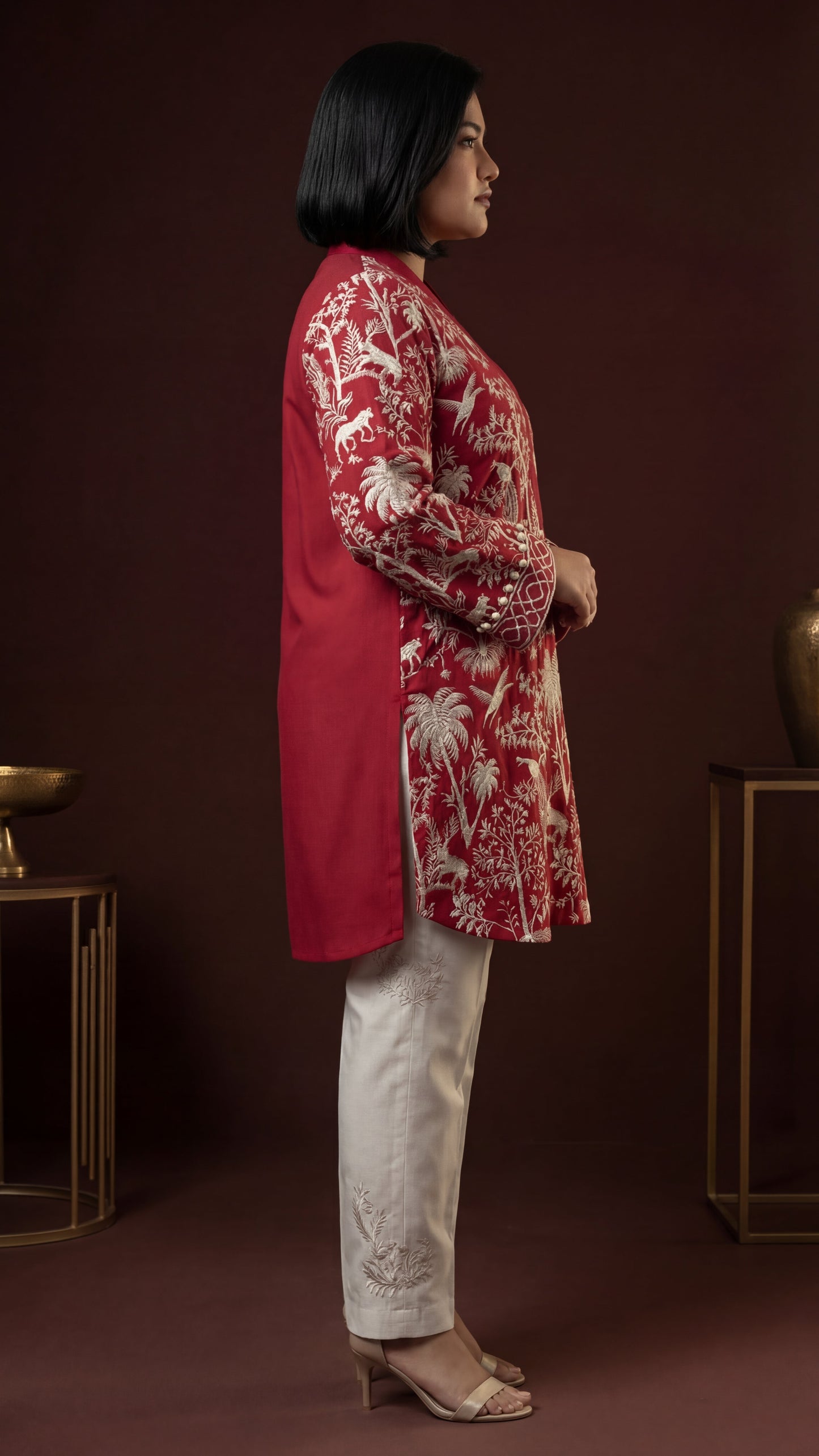 Red Botanical Toile Tunic Set
