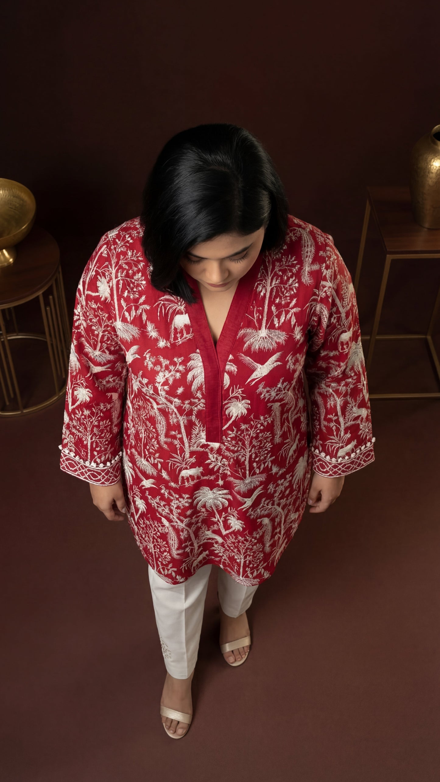 Red Botanical Toile Tunic Set