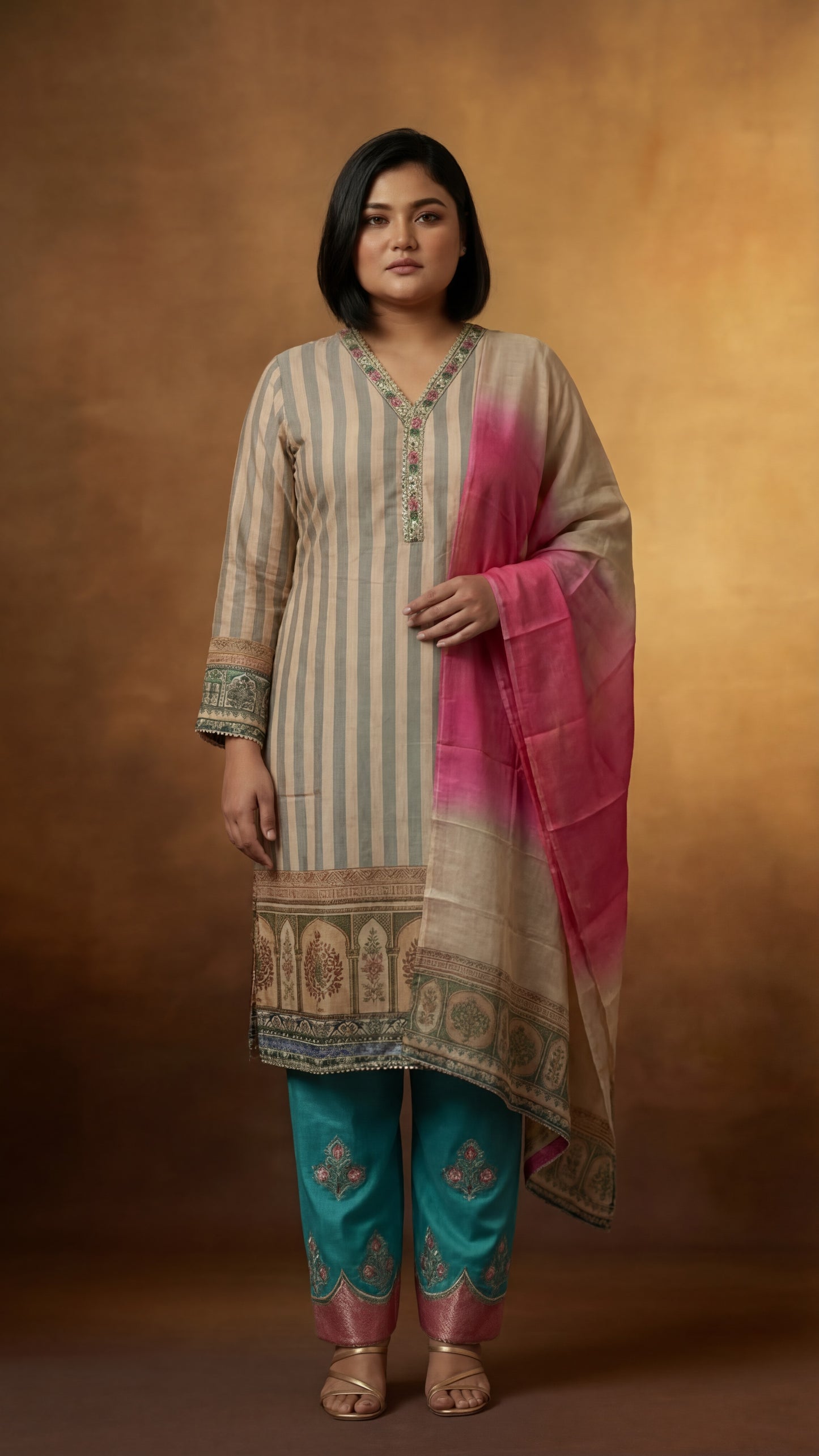 Peach and Blue Striped Embroidered Three-Piece Set