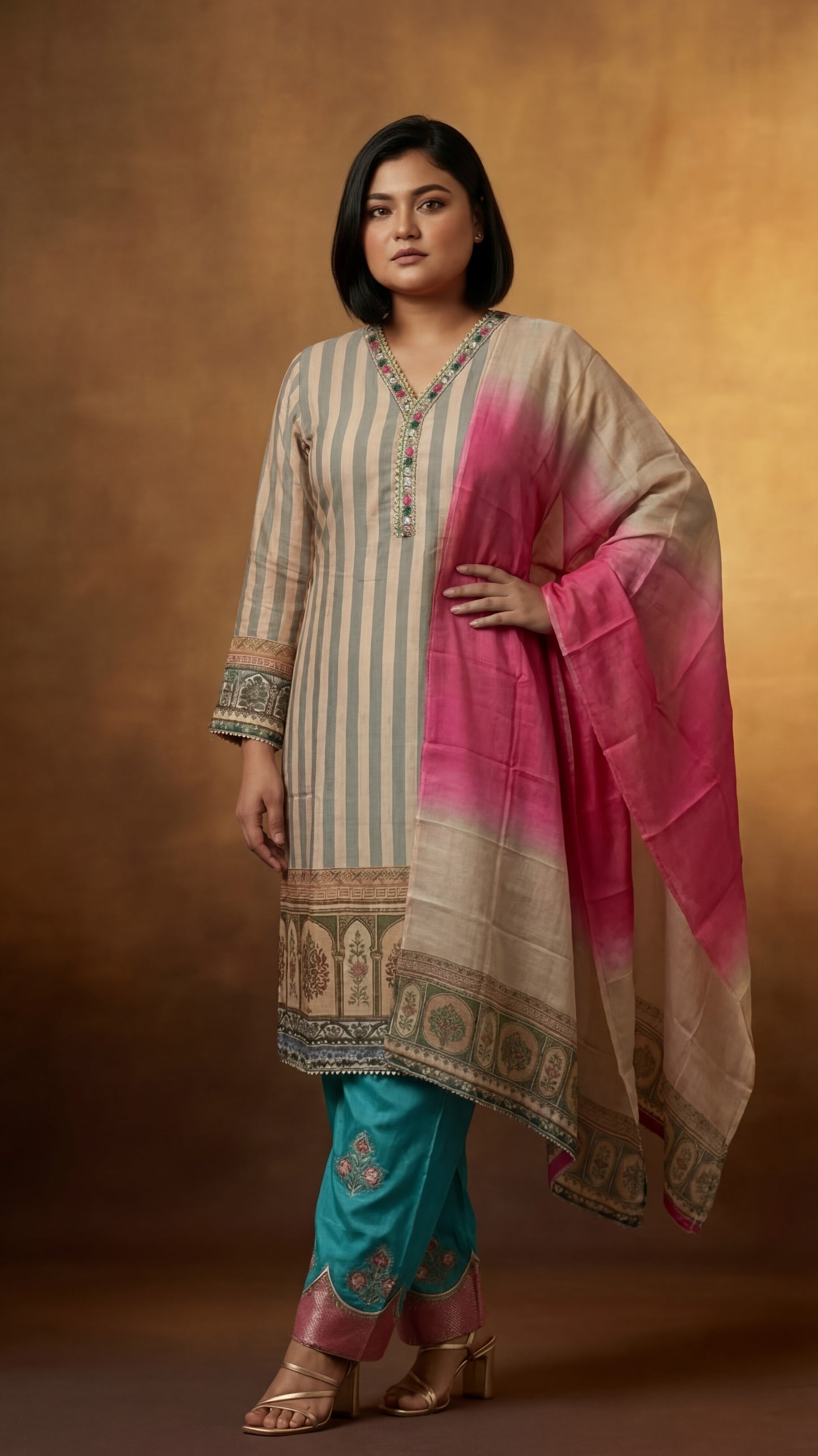 Peach and Blue Striped Embroidered Three-Piece Set