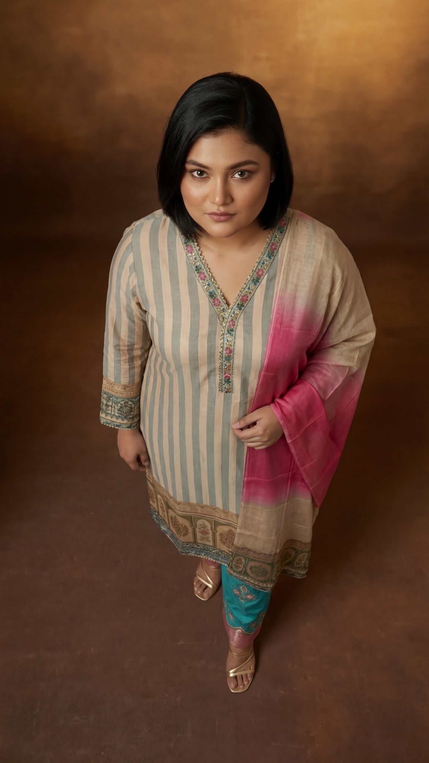 Peach and Blue Striped Embroidered Three-Piece Set