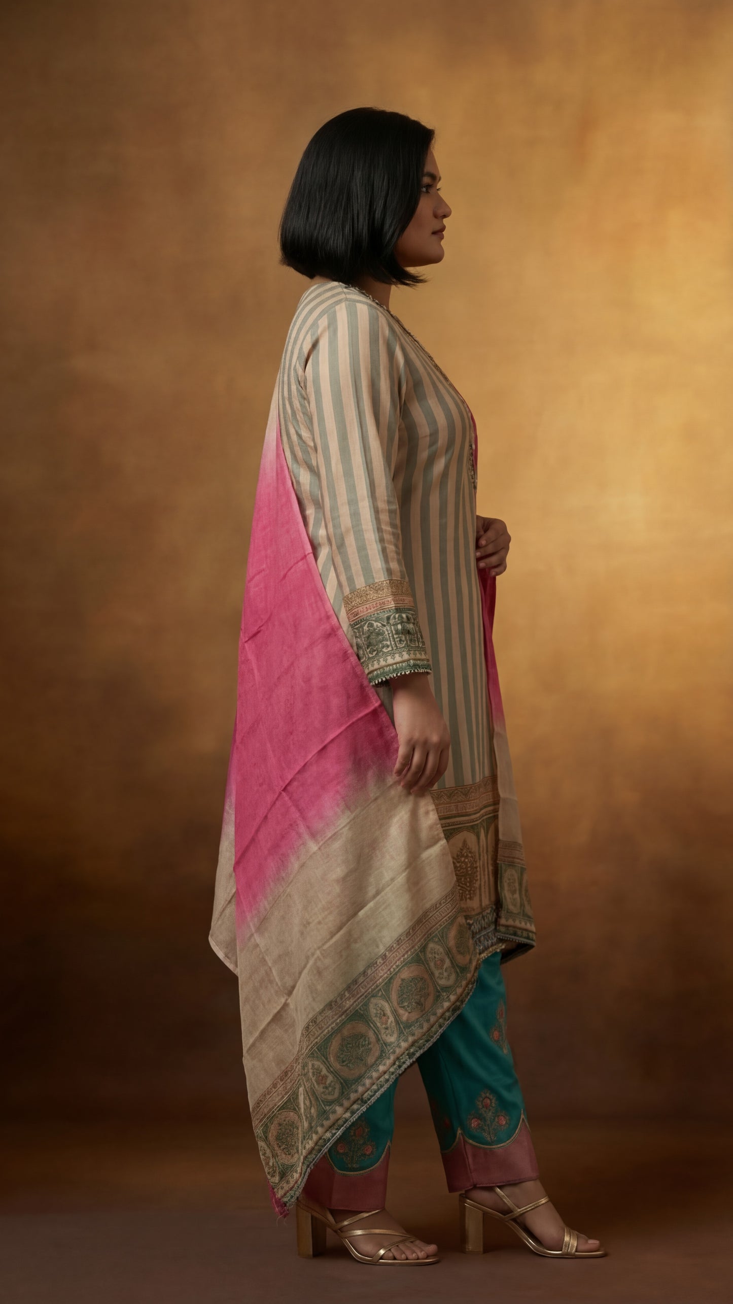 Peach and Blue Striped Embroidered Three-Piece Set