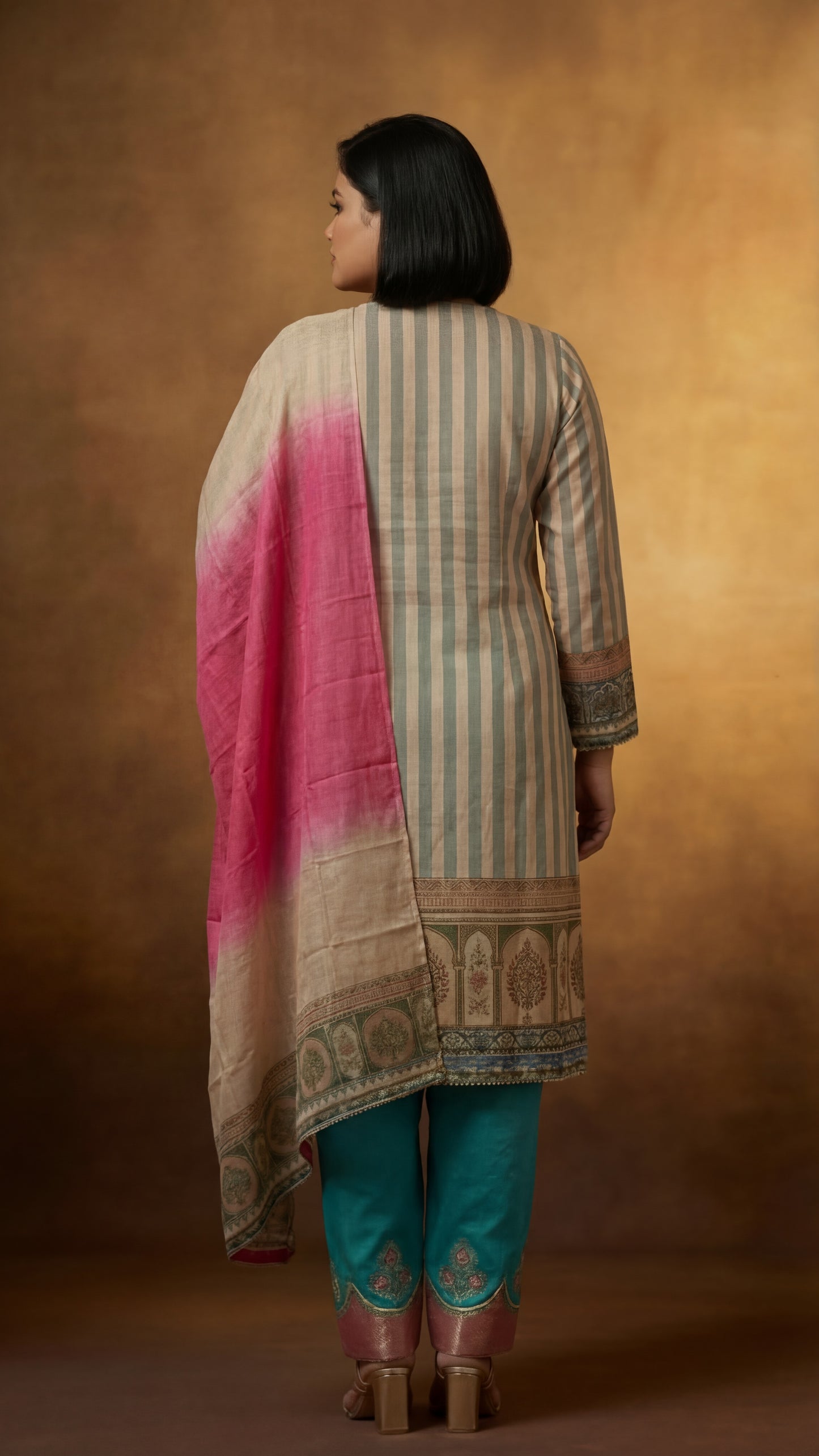 Peach and Blue Striped Embroidered Three-Piece Set