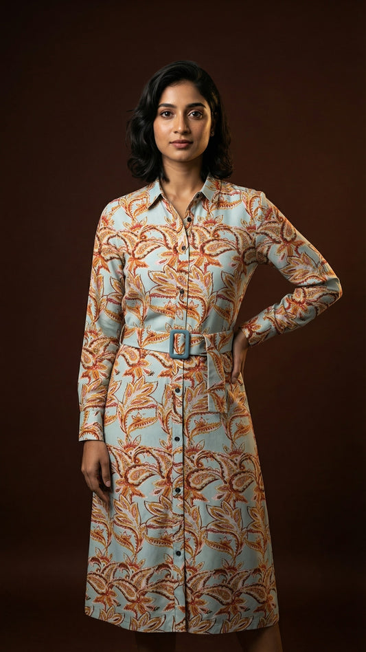 Aqua Botanical Belted Shirt Dress