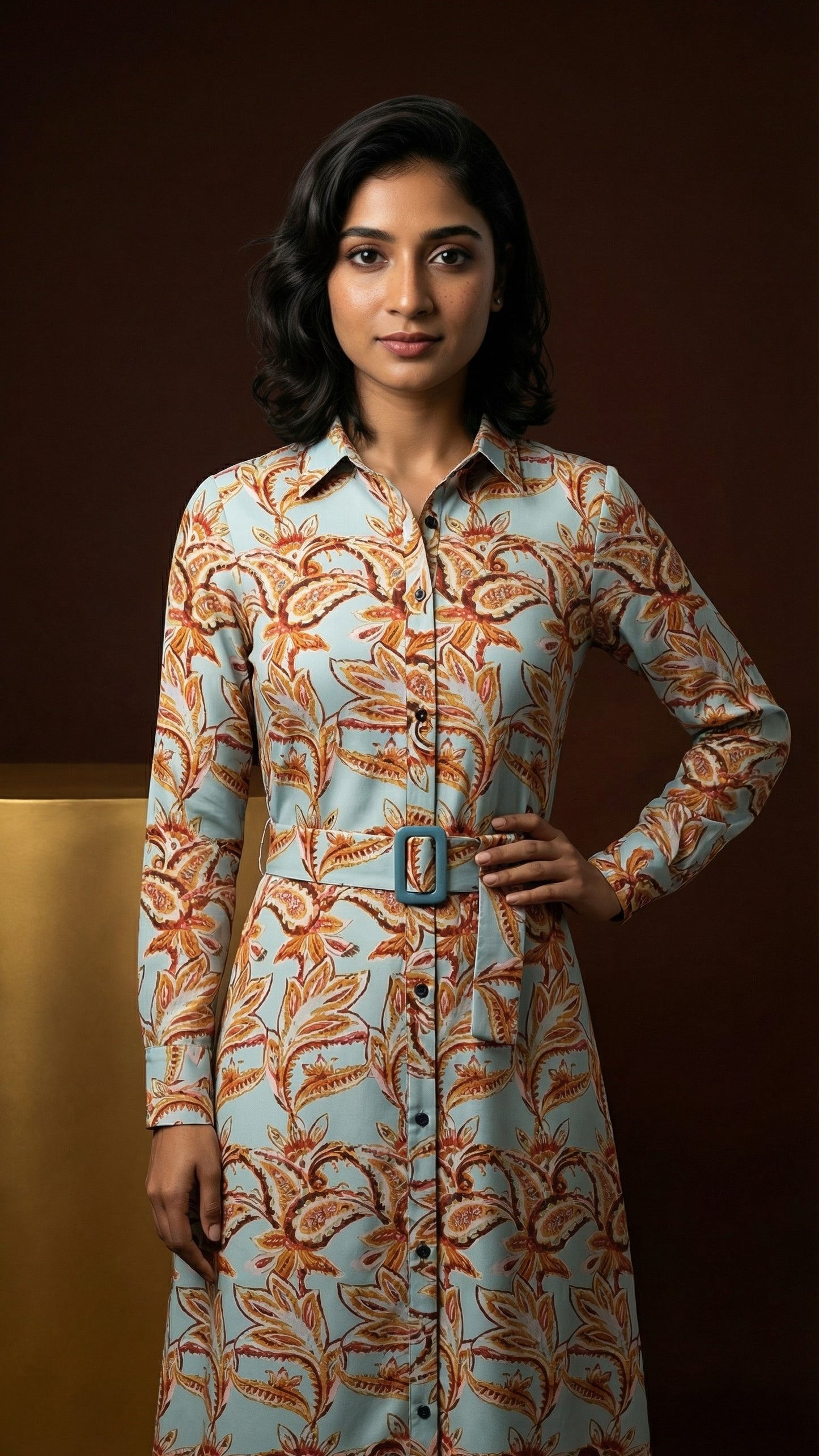Aqua Botanical Belted Shirt Dress