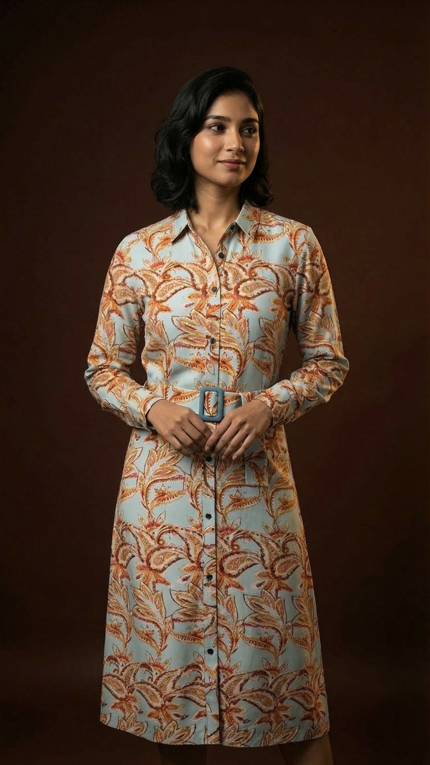 Aqua Botanical Belted Shirt Dress