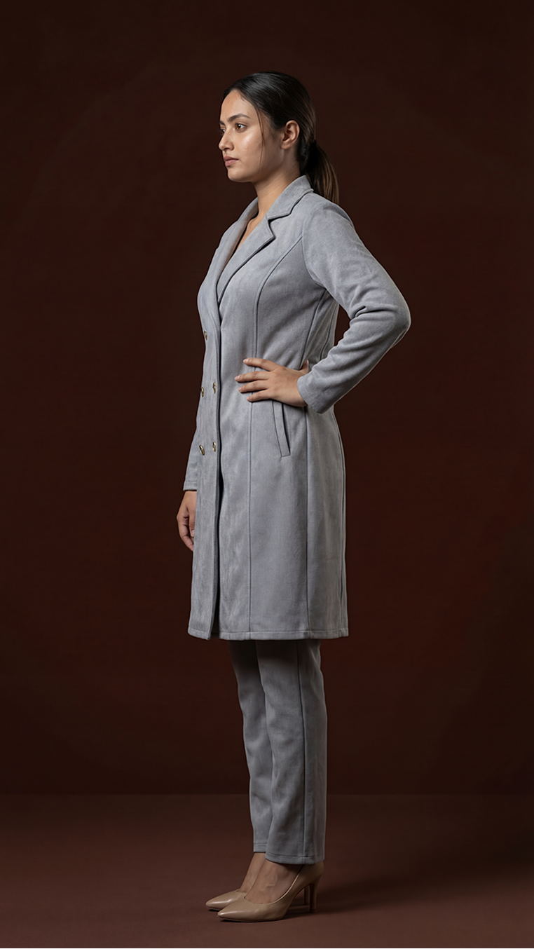 Grey Suede Double-Breasted Long Coat and Trouser Set