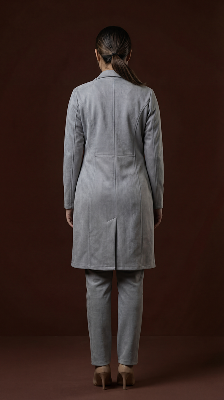 Grey Suede Double-Breasted Long Coat and Trouser Set
