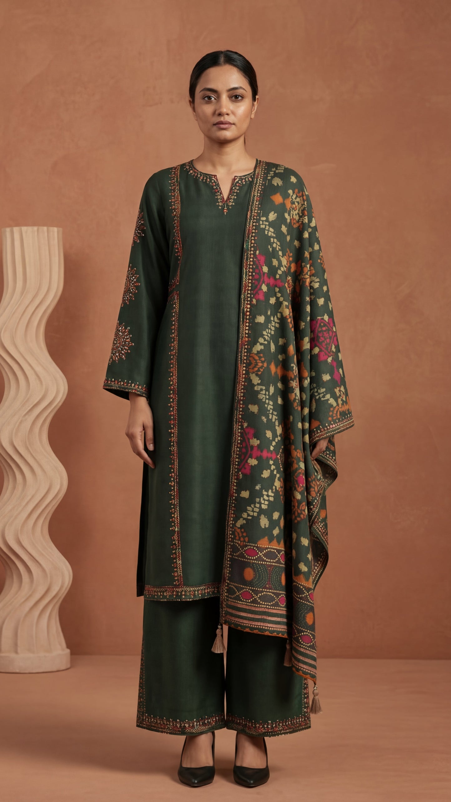 Deep Green Embroidered Silk Three-Piece Set with Tasseled Dupatta