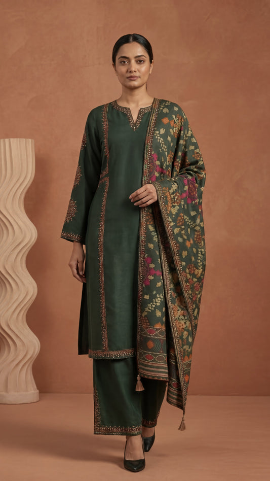 Deep Green Embroidered Silk Three-Piece Set with Tasseled Dupatta
