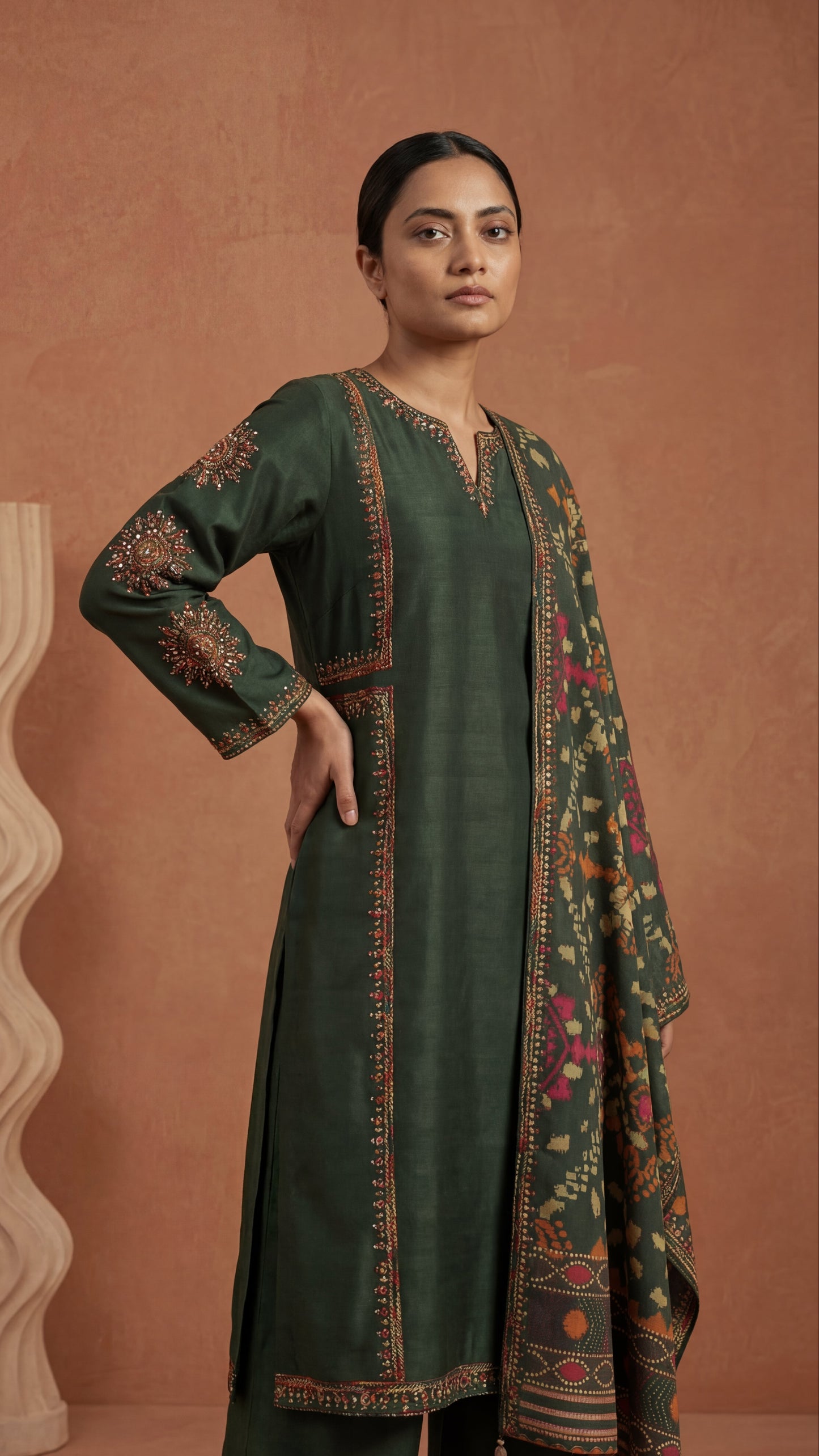 Deep Green Embroidered Silk Three-Piece Set with Tasseled Dupatta