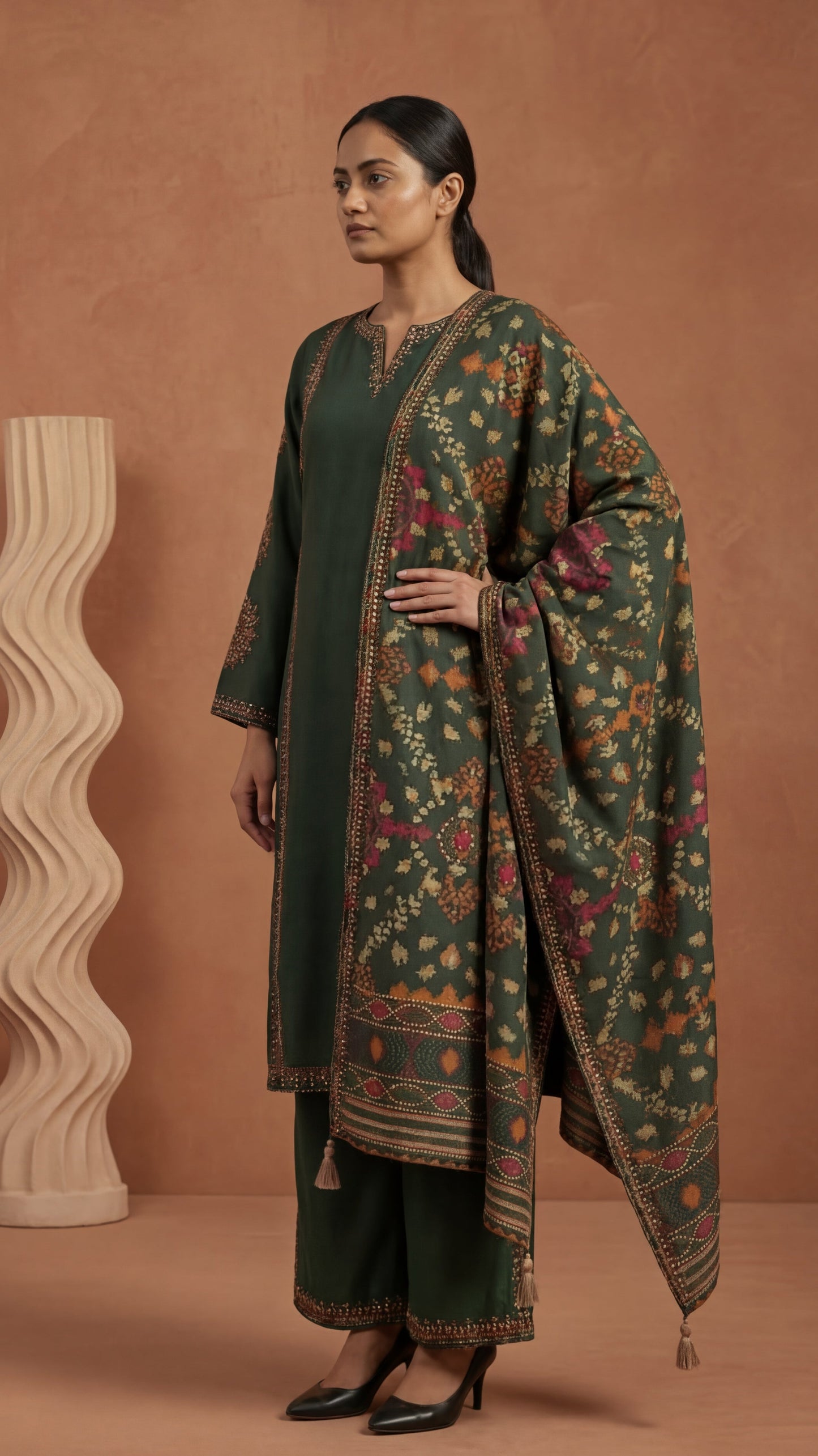 Deep Green Embroidered Silk Three-Piece Set with Tasseled Dupatta