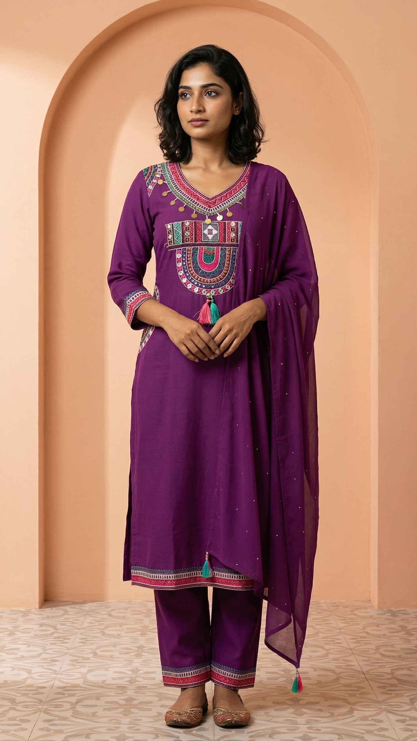 Royal Purple Embroidered Three-Piece Silk Set