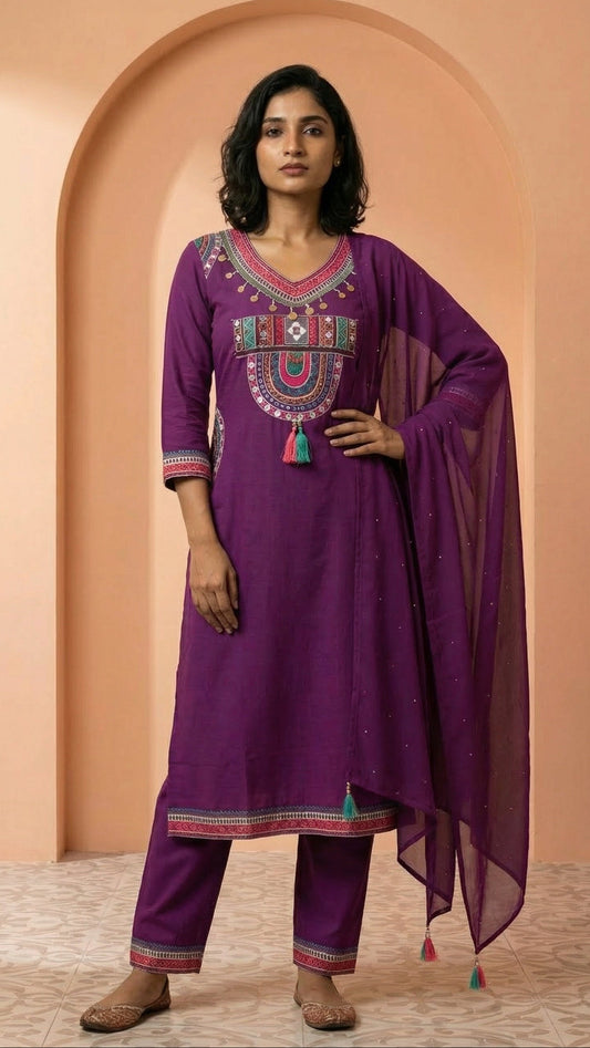 Royal Purple Embroidered Three-Piece Silk Set