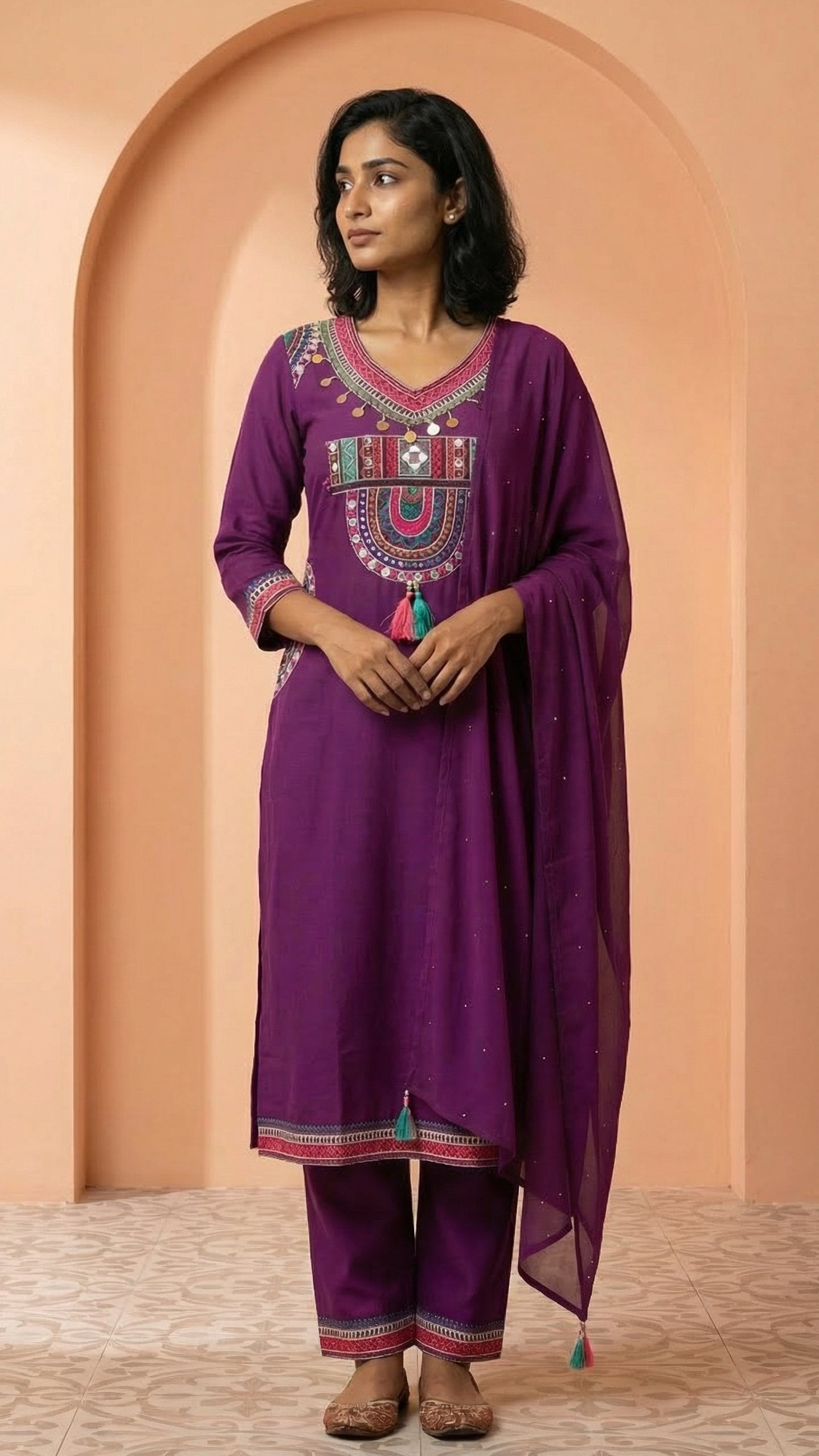 Royal Purple Embroidered Three-Piece Silk Set