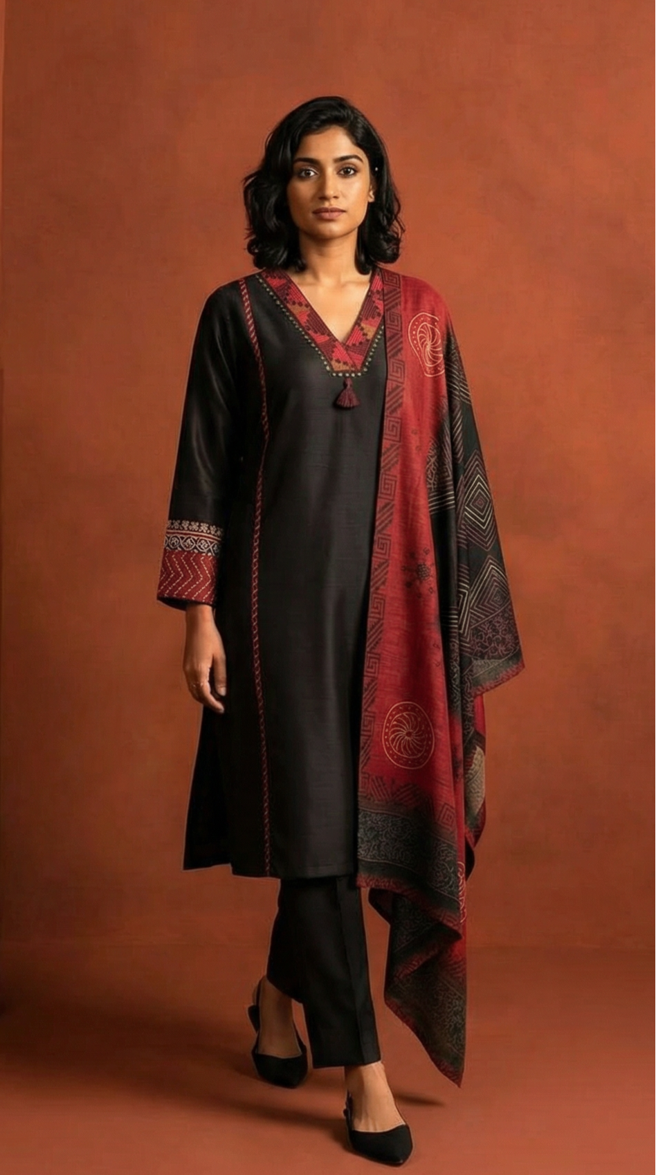 Black and Crimson Silk Three-Piece Set with Geometric Print Dupatta