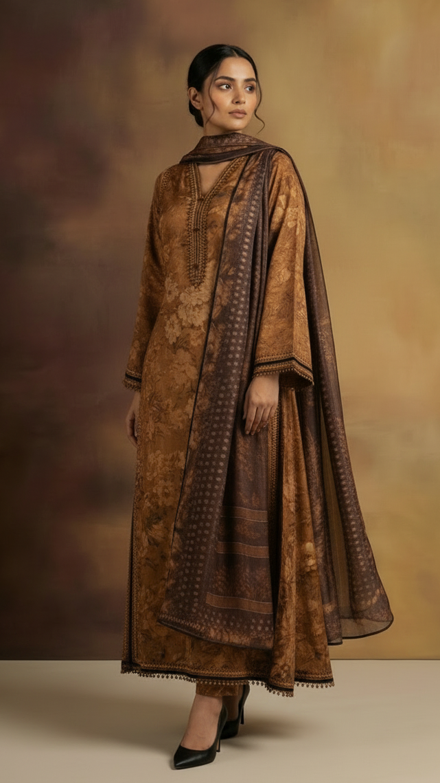 Elegant Earth-Tone Floral Silk Three Piece with Dupatta