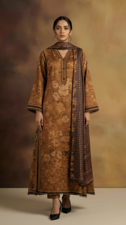Elegant Earth-Tone Floral Silk Three Piece with Dupatta