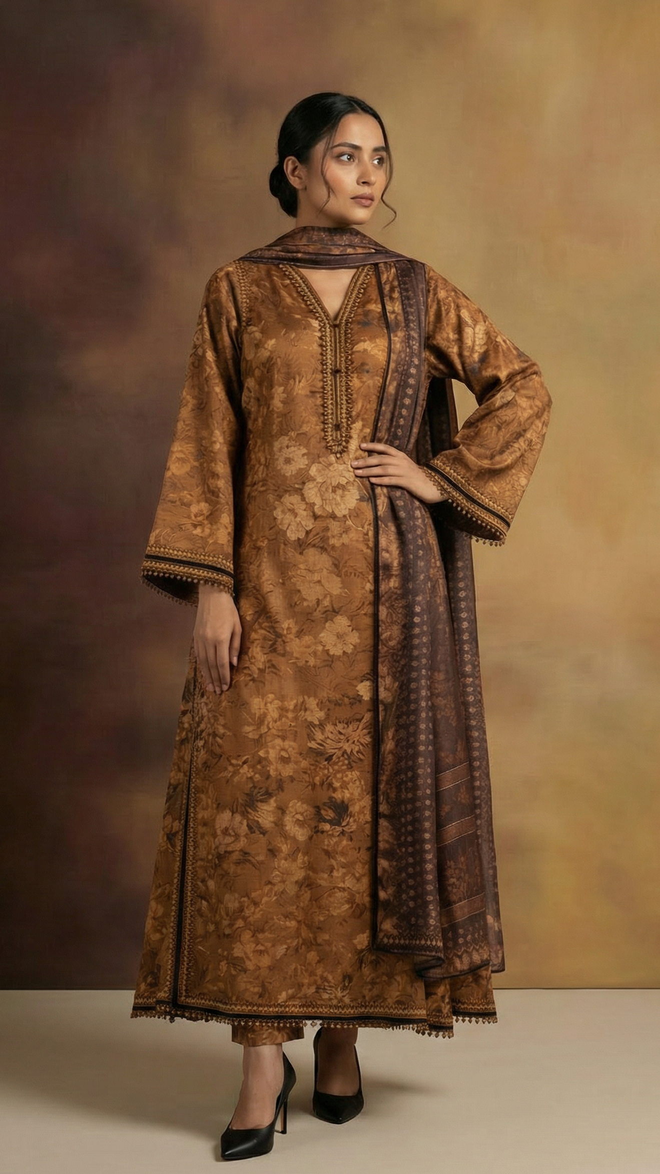 Elegant Earth-Tone Floral Silk Three Piece with Dupatta
