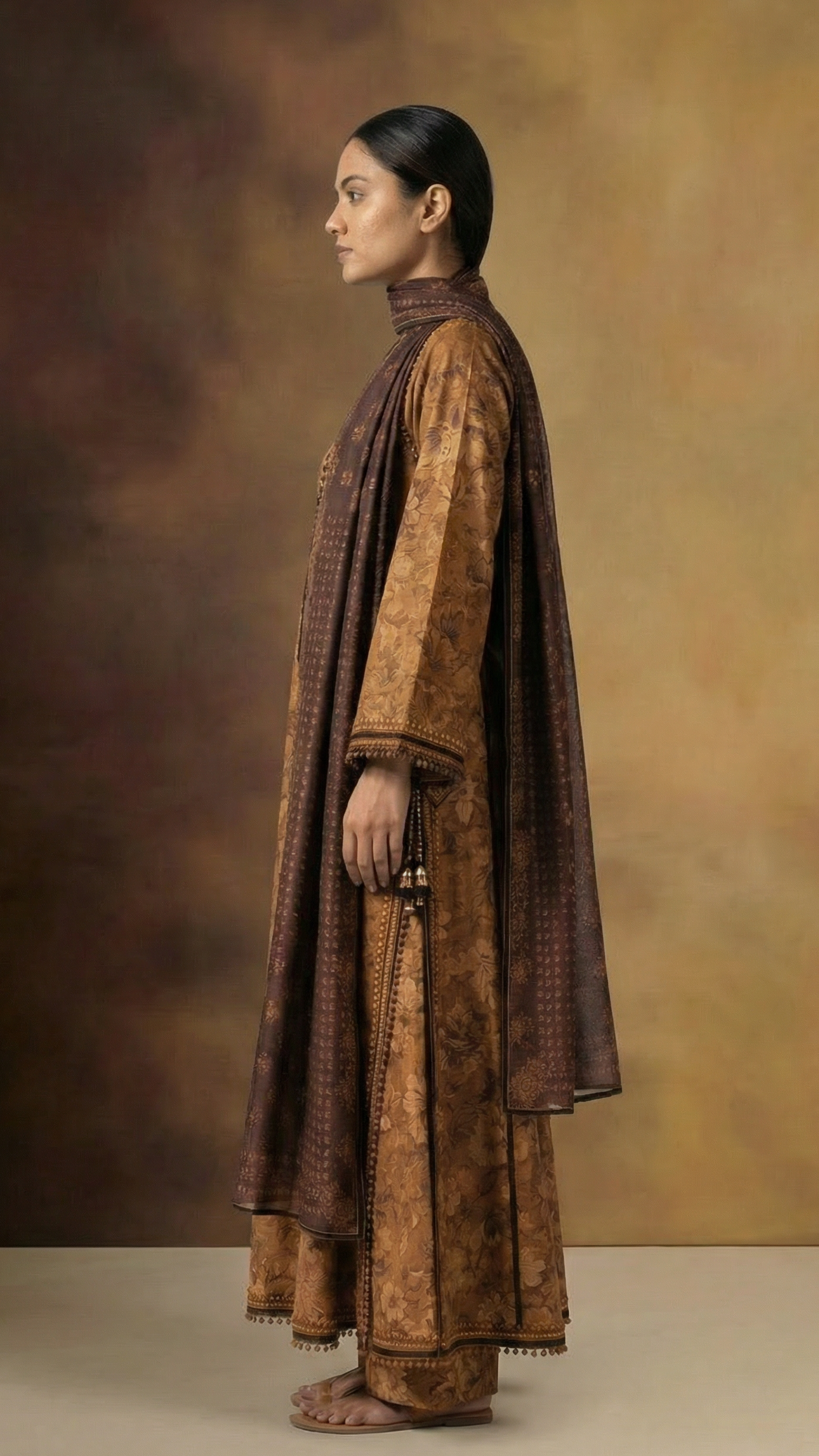 Elegant Earth-Tone Floral Silk Three Piece with Dupatta