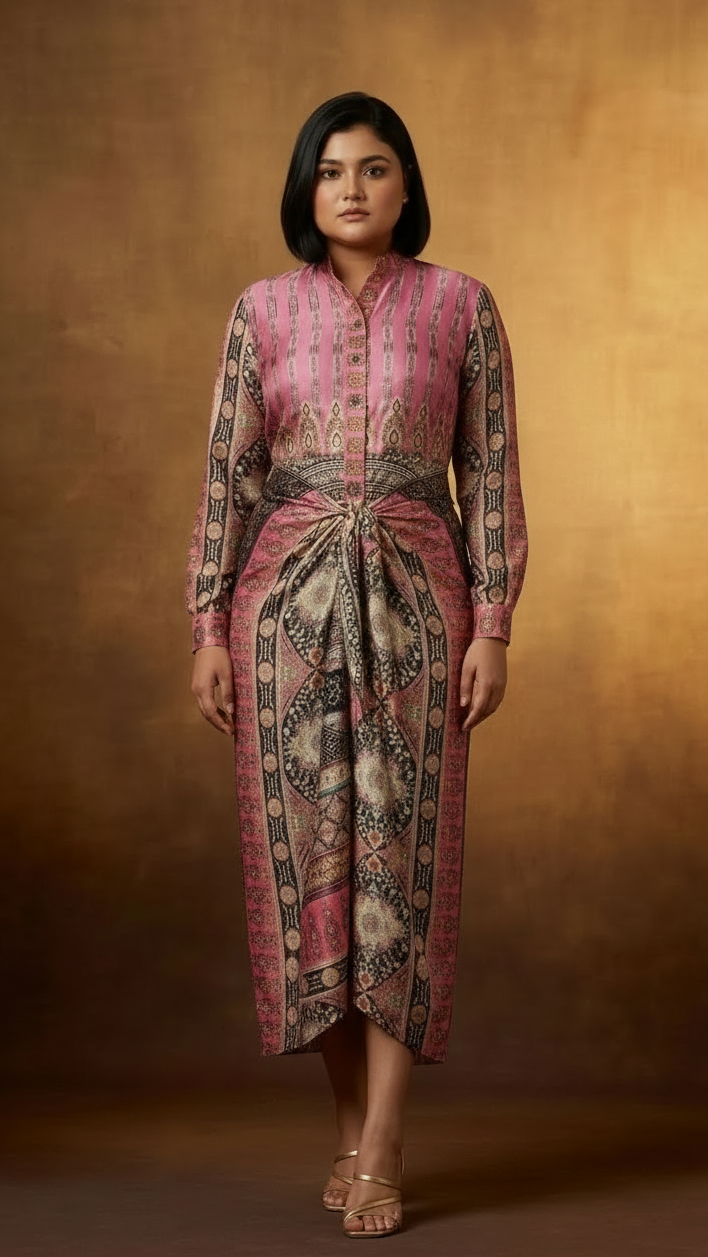 Digital Printed Satin Drape dress