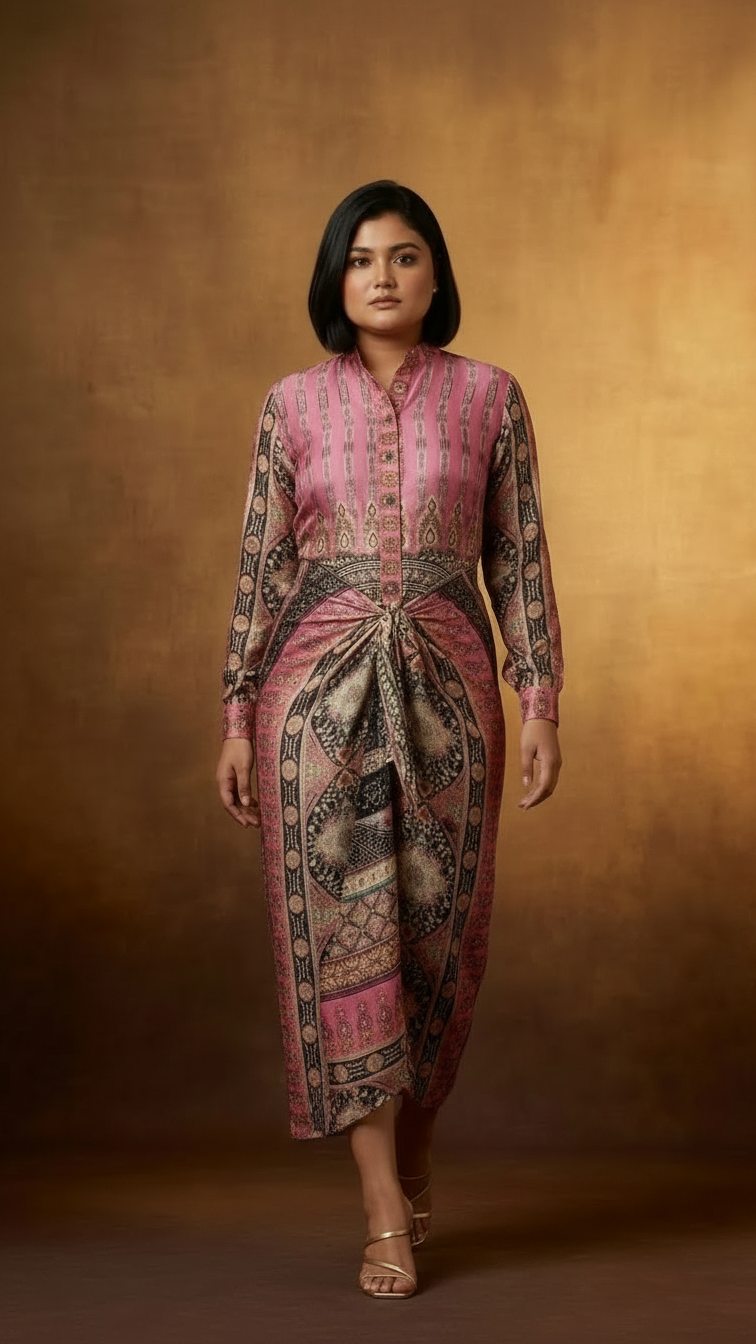 Digital Printed Satin Drape dress